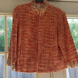 Mandarin collar tweed embellished trim jacket